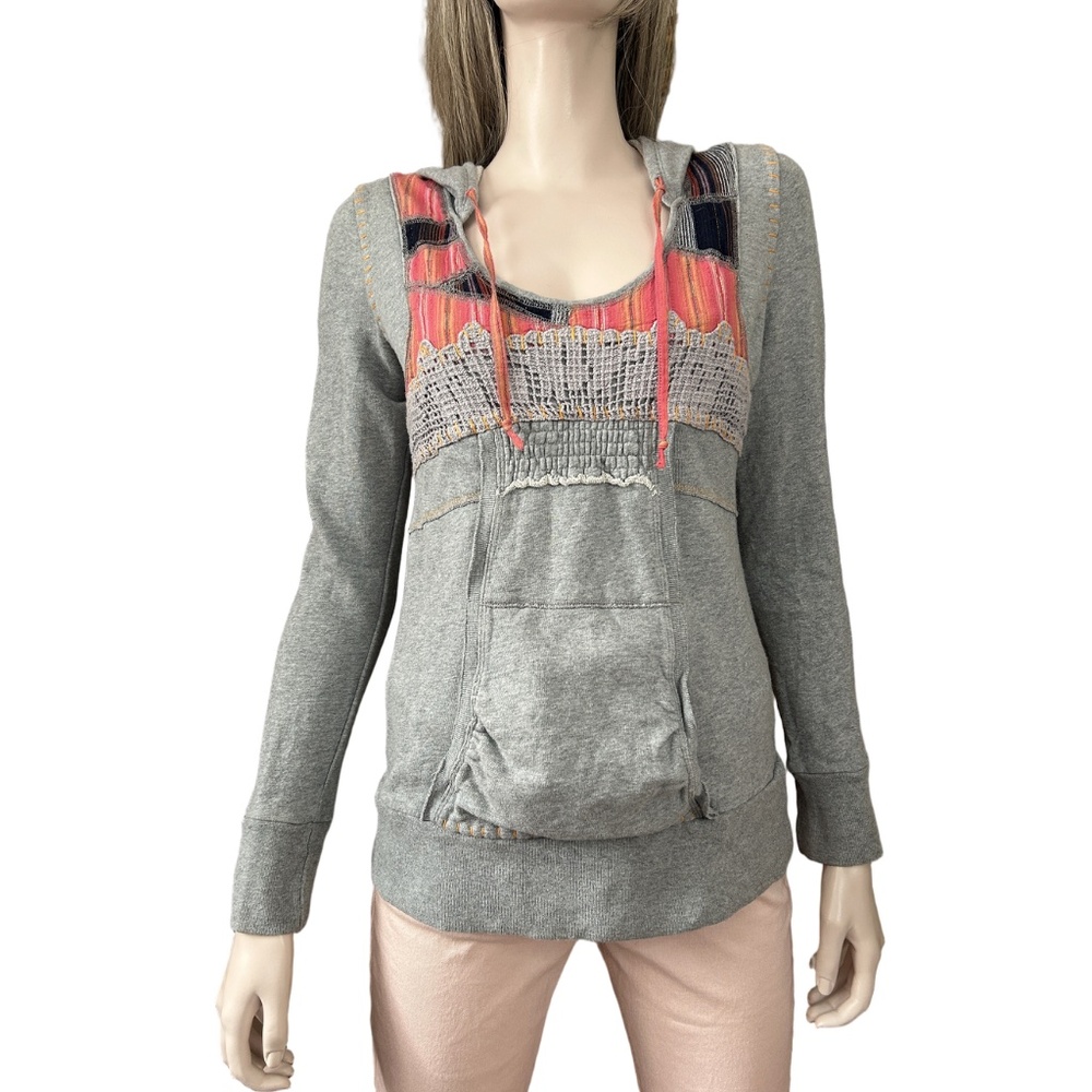 Vintage Y2K Free People Boho Hoodie Embroidery Grey Crochet Patchwork Festival